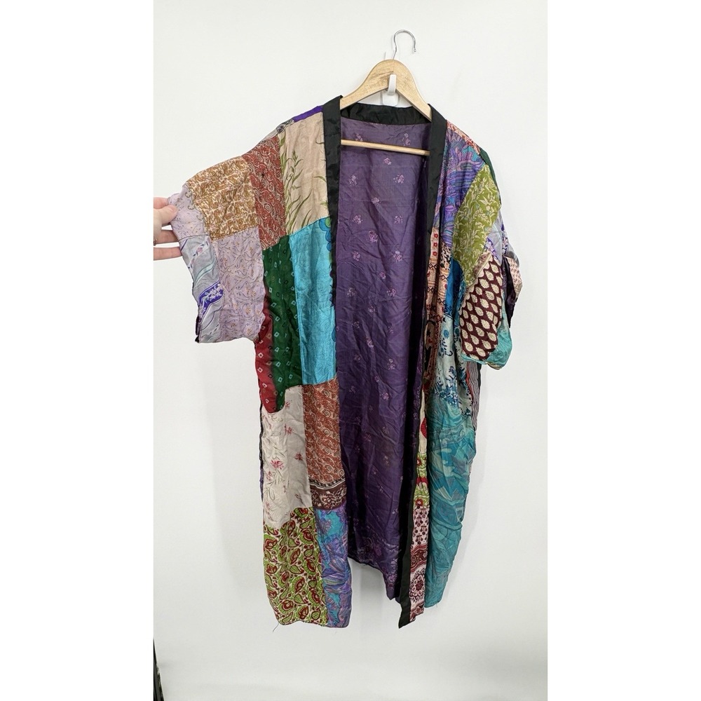 Handmade Patchwork Kimono Women One Size Boho Indie Festival Silk Floral Artsy